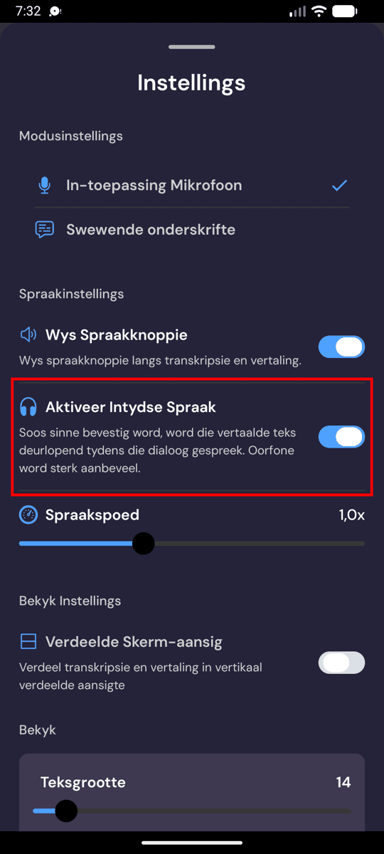 Speech settings on Android with Enable Real-Time Speech turned on