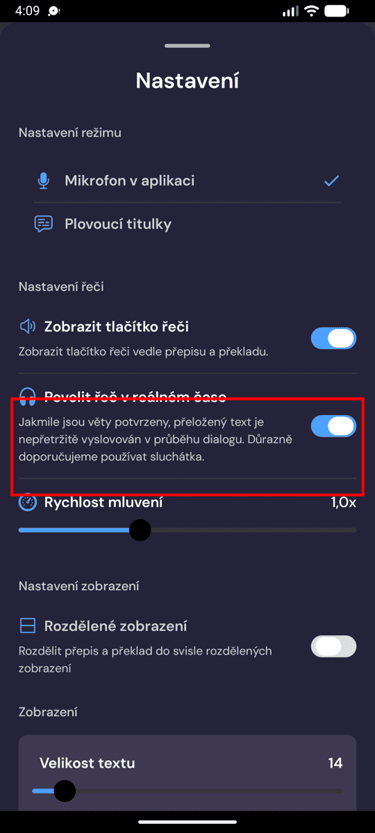 Speech settings on Android with Enable Real-Time Speech turned on