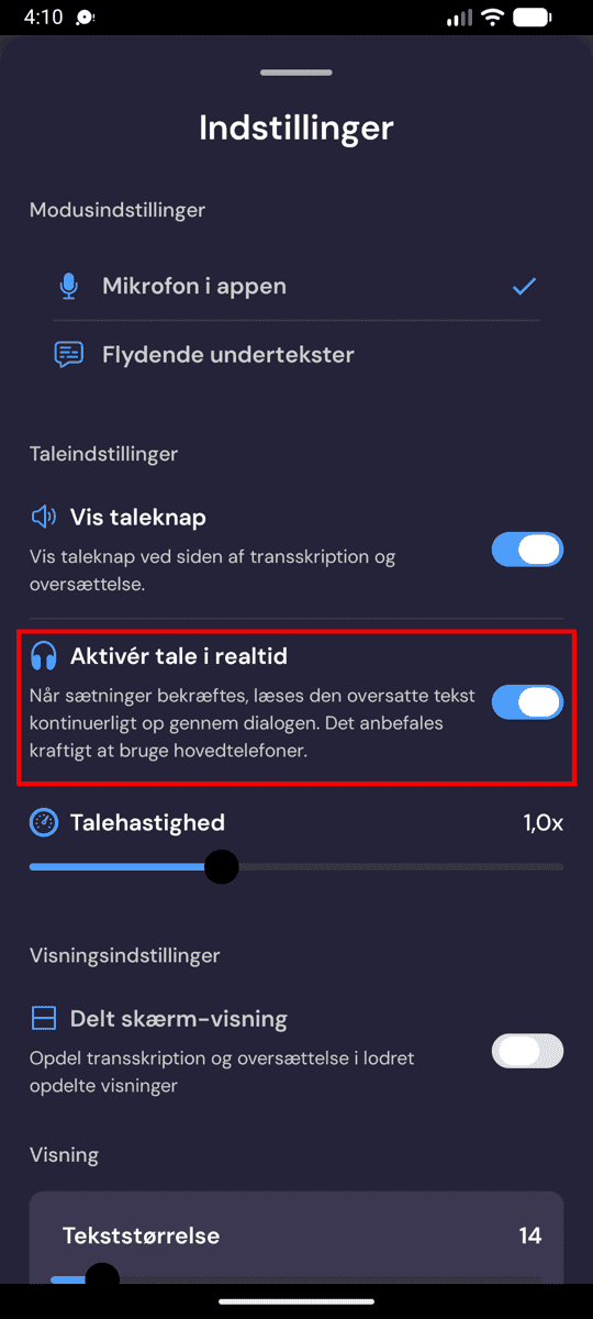 Speech settings on Android with Enable Real-Time Speech turned on