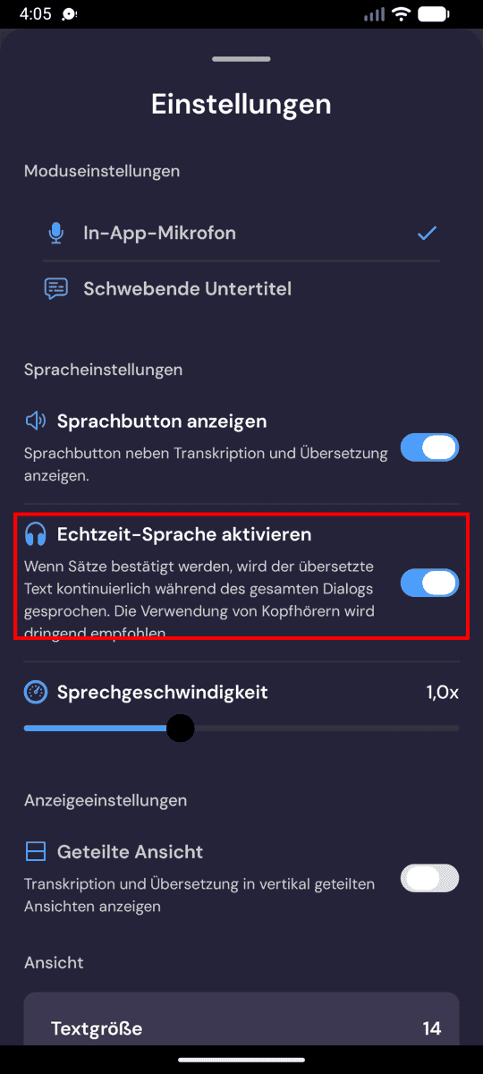 Speech settings on Android with Enable Real-Time Speech turned on