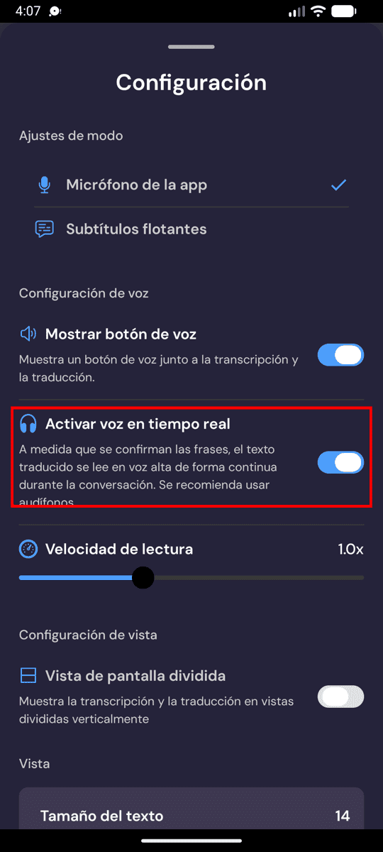 Speech settings on Android with Enable Real-Time Speech turned on