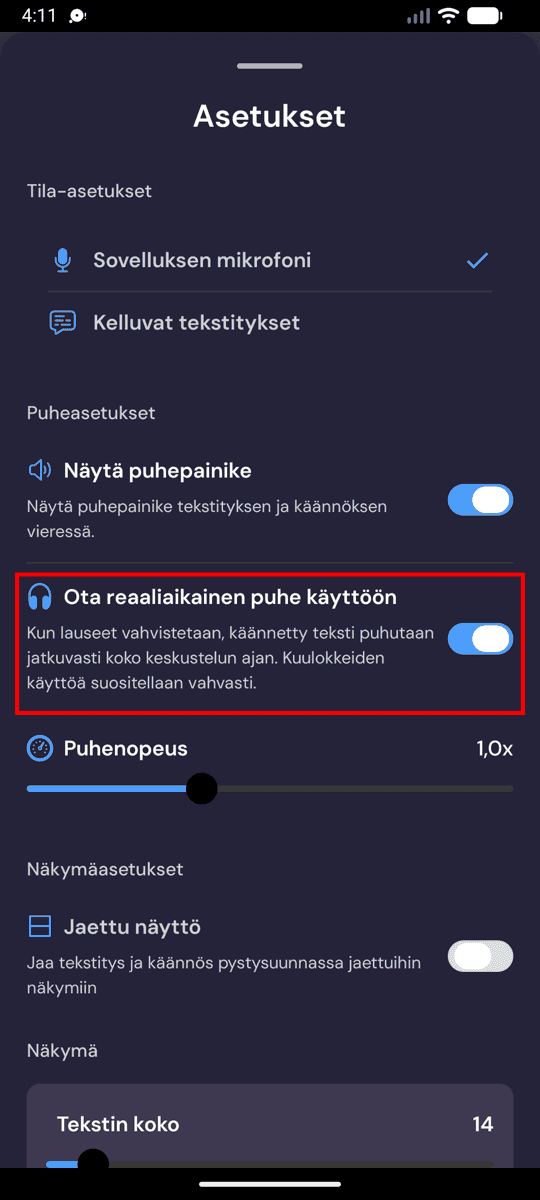 Speech settings on Android with Enable Real-Time Speech turned on