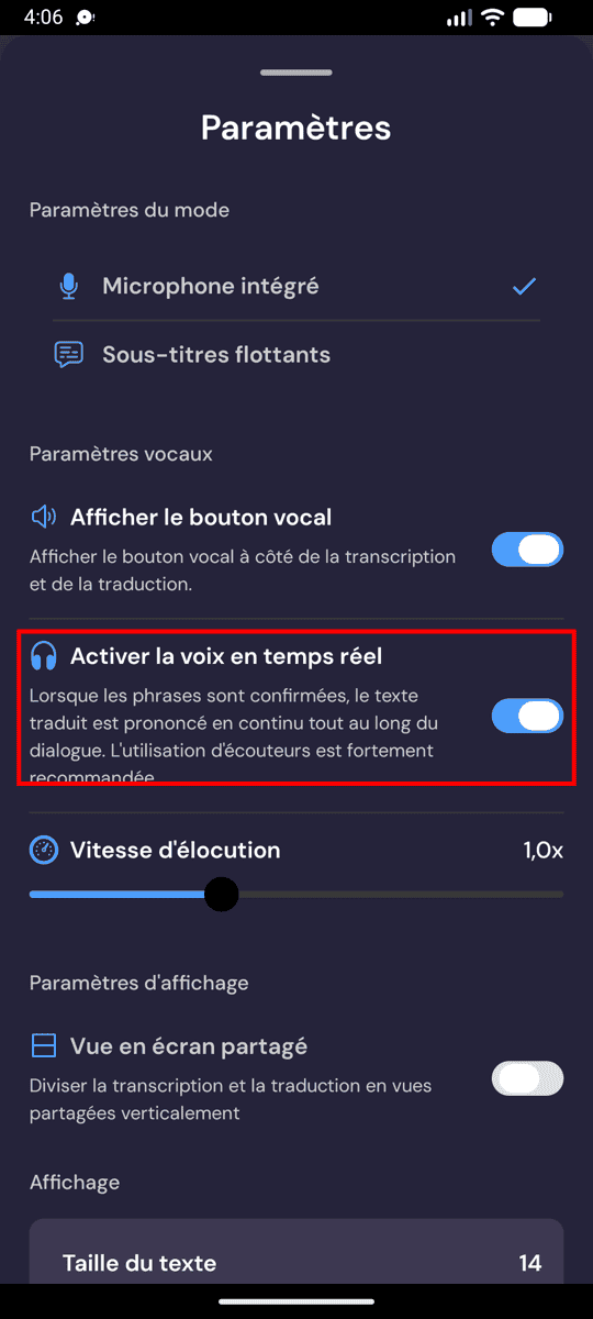 Speech settings on Android with Enable Real-Time Speech turned on