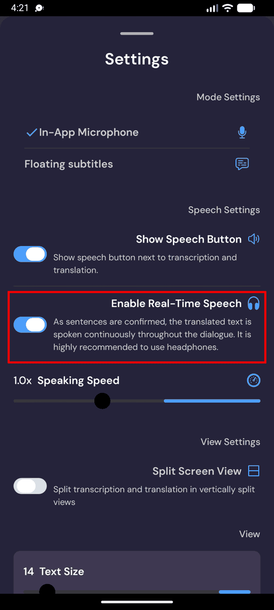 Speech settings on Android with Enable Real-Time Speech turned on