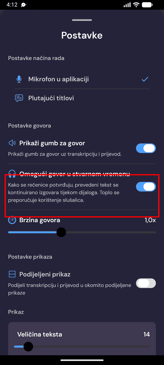 Speech settings on Android with Enable Real-Time Speech turned on