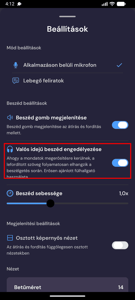 Speech settings on Android with Enable Real-Time Speech turned on