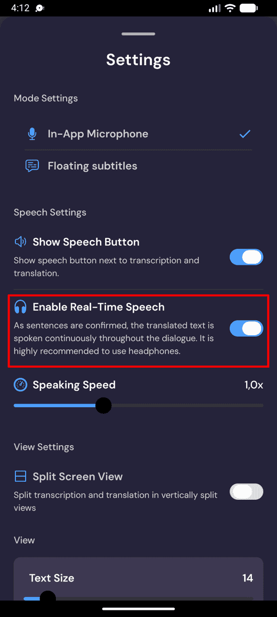 Speech settings on Android with Enable Real-Time Speech turned on