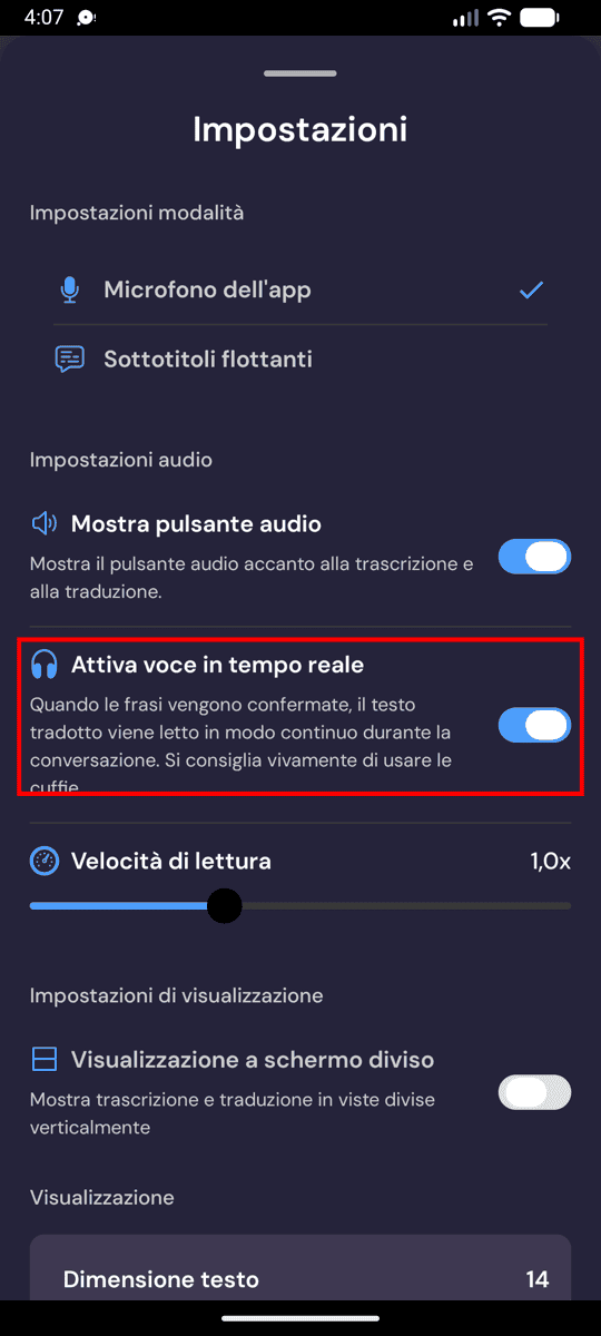 Speech settings on Android with Enable Real-Time Speech turned on