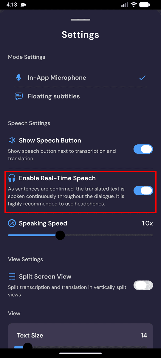 Speech settings on Android with Enable Real-Time Speech turned on