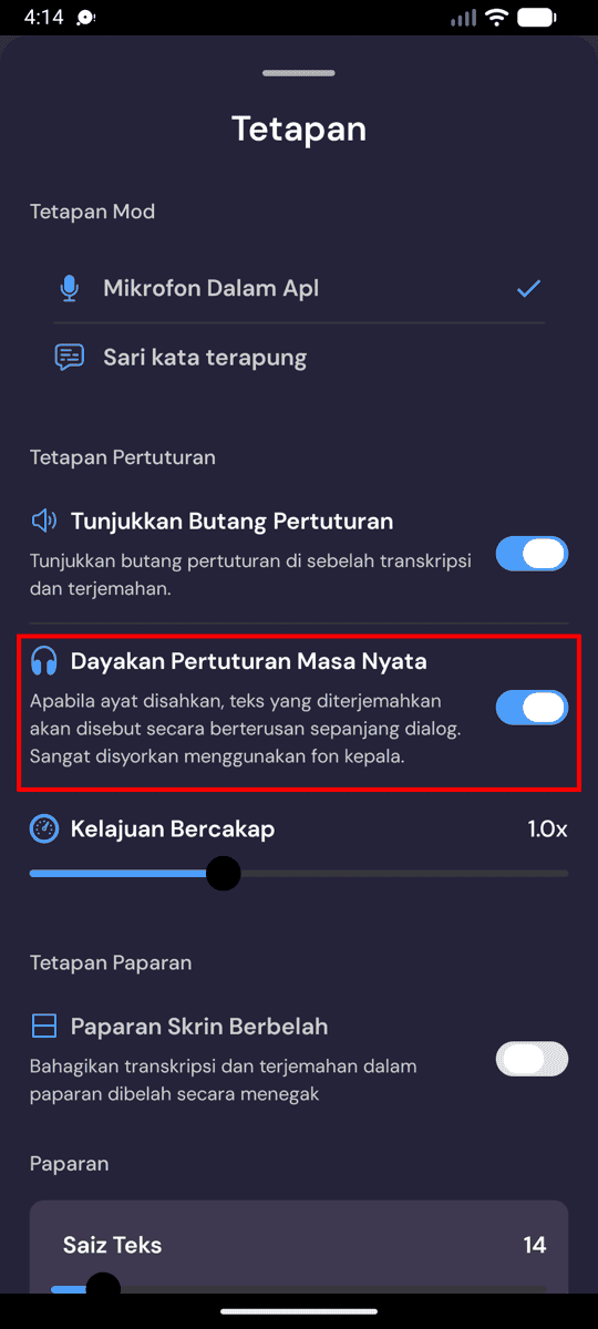 Speech settings on Android with Enable Real-Time Speech turned on