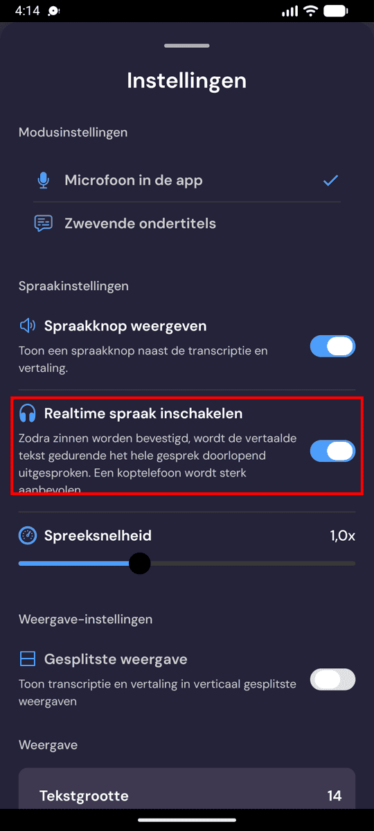 Speech settings on Android with Enable Real-Time Speech turned on