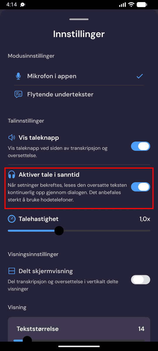 Speech settings on Android with Enable Real-Time Speech turned on
