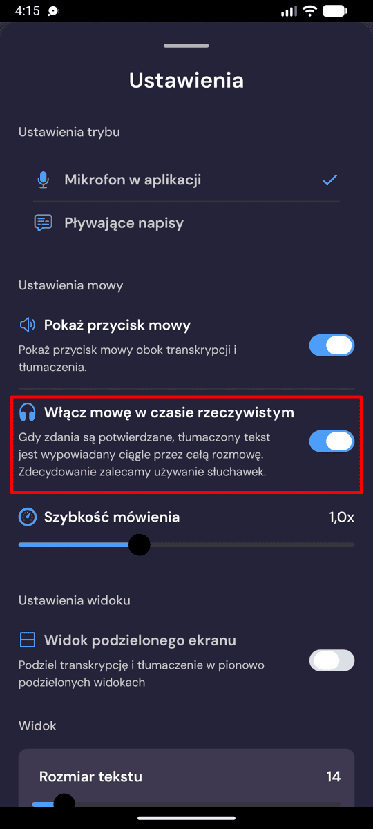 Speech settings on Android with Enable Real-Time Speech turned on