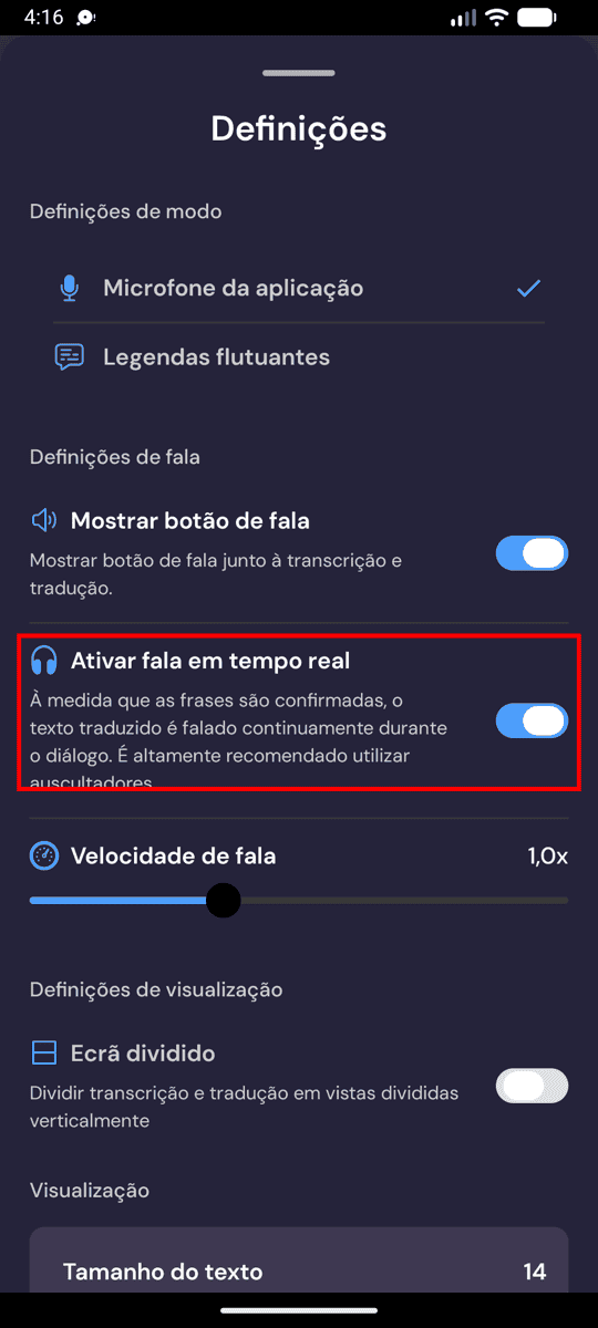 Speech settings on Android with Enable Real-Time Speech turned on