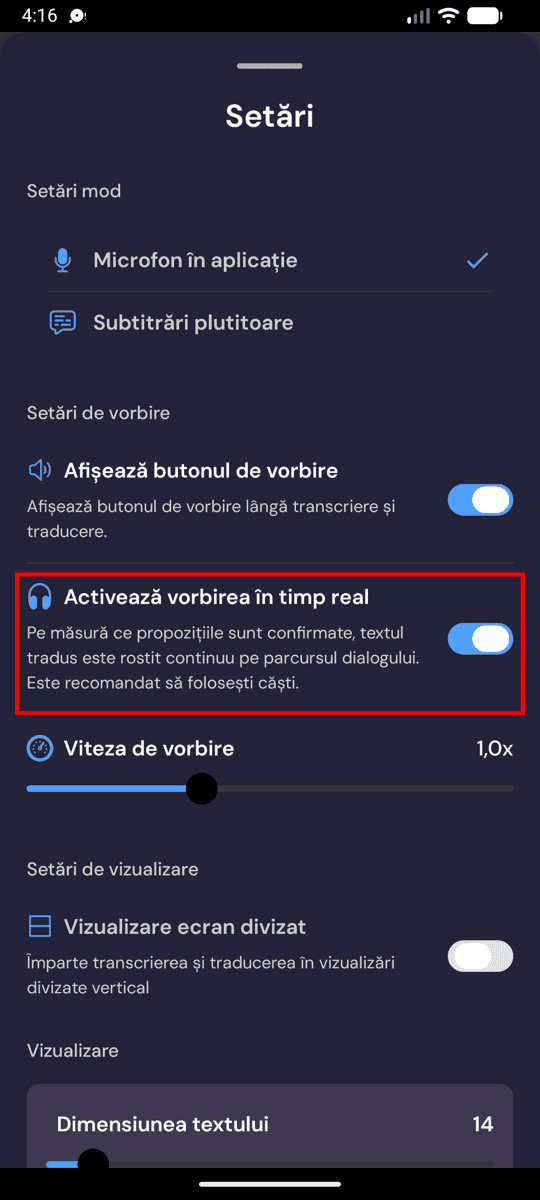 Speech settings on Android with Enable Real-Time Speech turned on