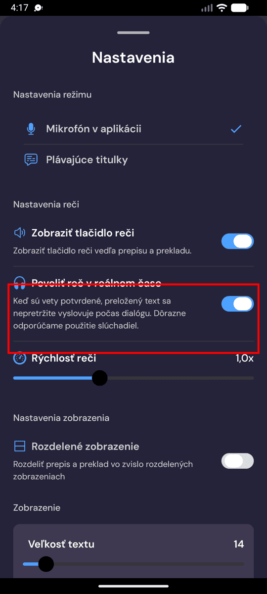 Speech settings on Android with Enable Real-Time Speech turned on
