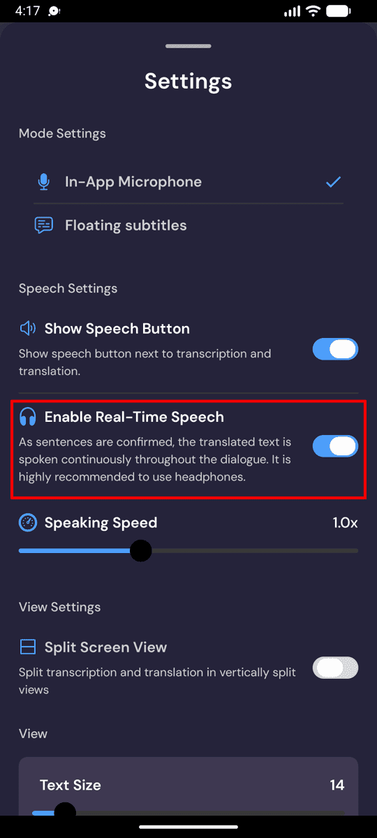 Speech settings on Android with Enable Real-Time Speech turned on