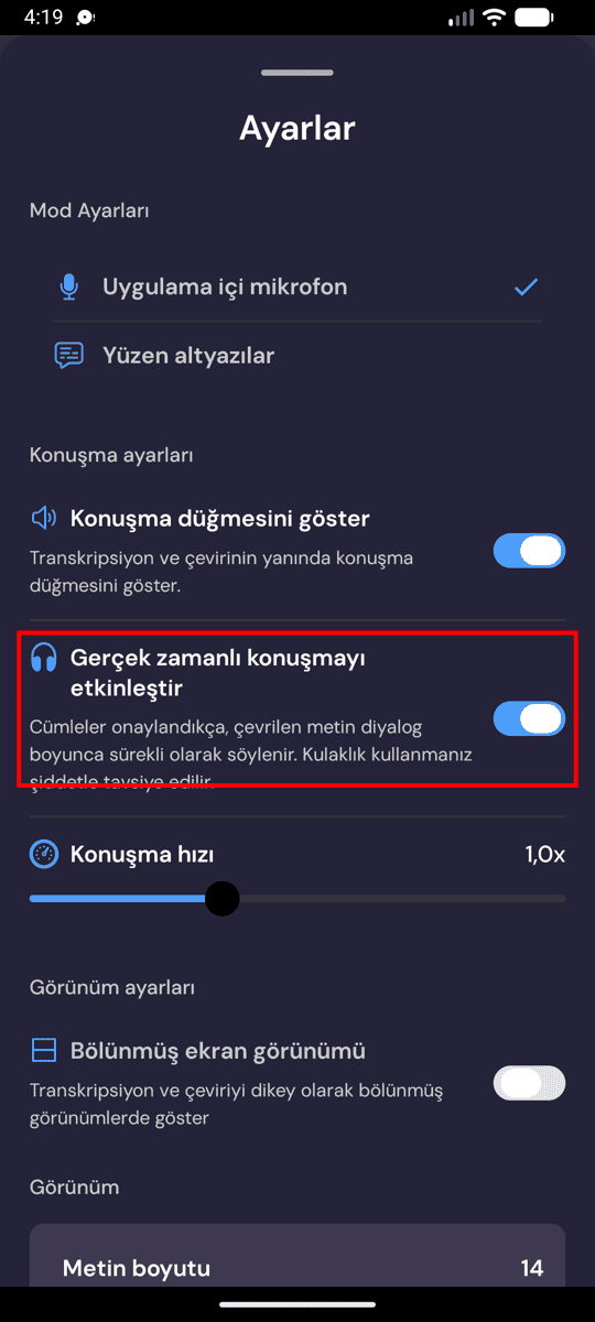 Speech settings on Android with Enable Real-Time Speech turned on