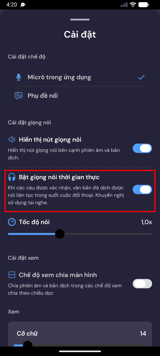 Speech settings on Android with Enable Real-Time Speech turned on
