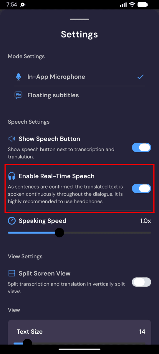 Speech settings on Android with Enable Real-Time Speech turned on