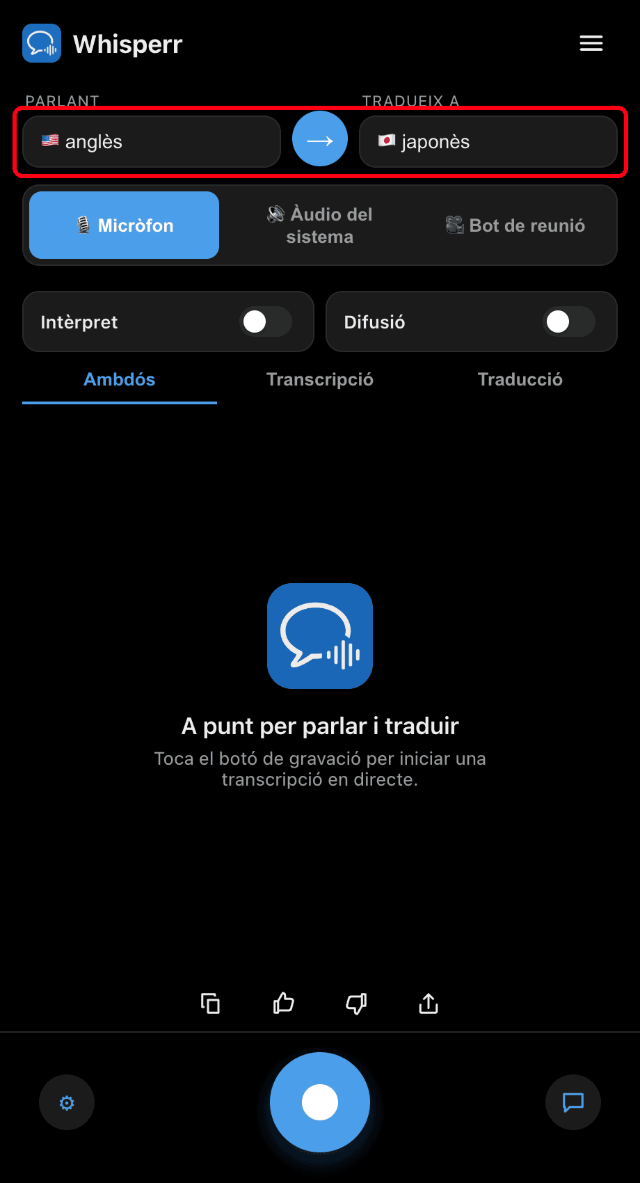 Selecting the Speaking and Translate to languages in the Whisperr desktop app