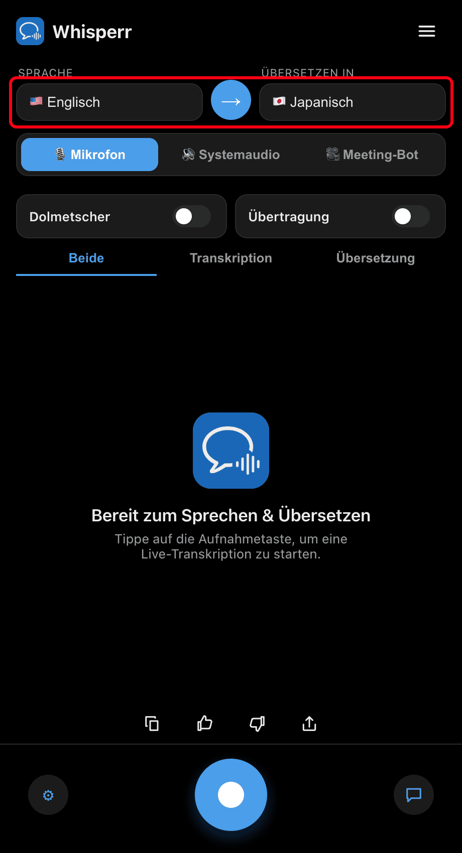 Selecting the Speaking and Translate to languages in the Whisperr desktop app