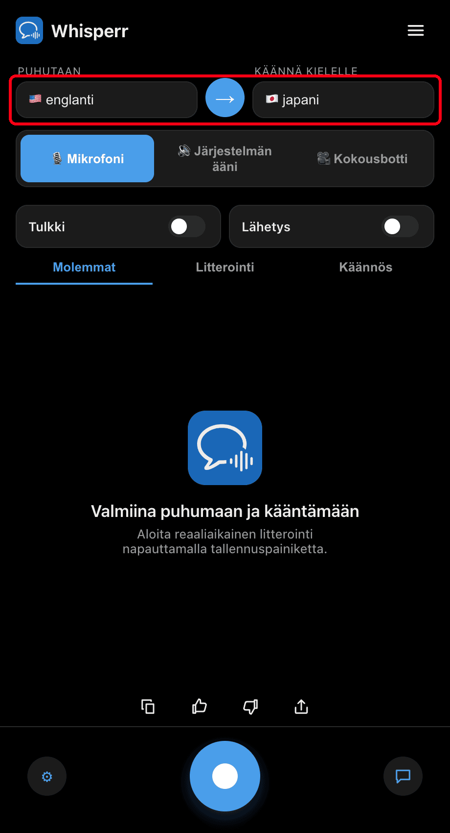Selecting the Speaking and Translate to languages in the Whisperr desktop app