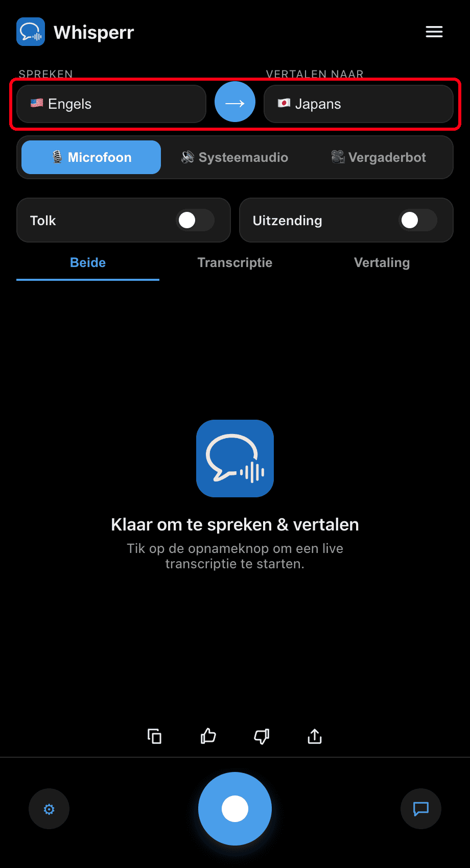 Selecting the Speaking and Translate to languages in the Whisperr desktop app
