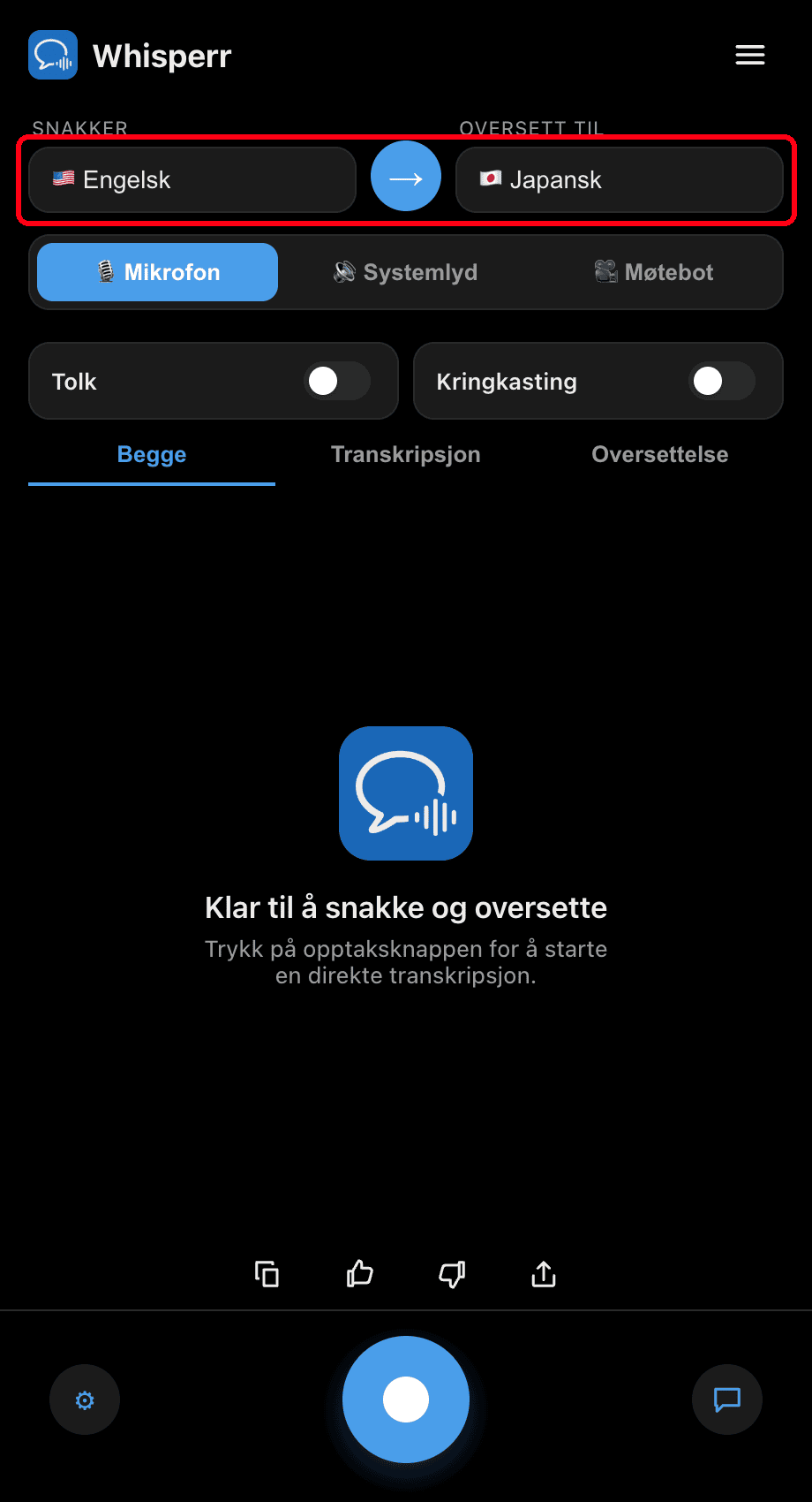 Selecting the Speaking and Translate to languages in the Whisperr desktop app