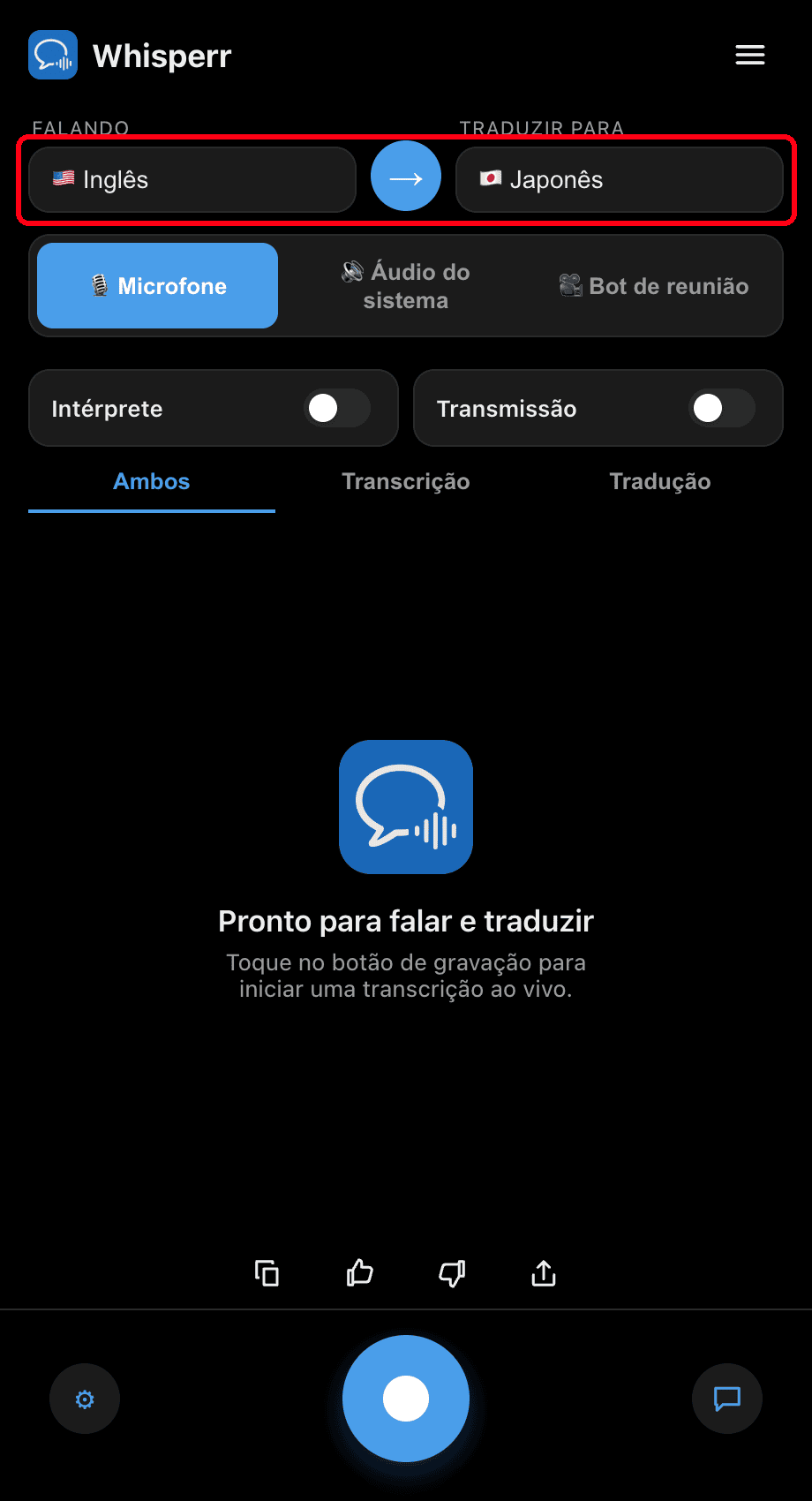 Selecting the Speaking and Translate to languages in the Whisperr desktop app