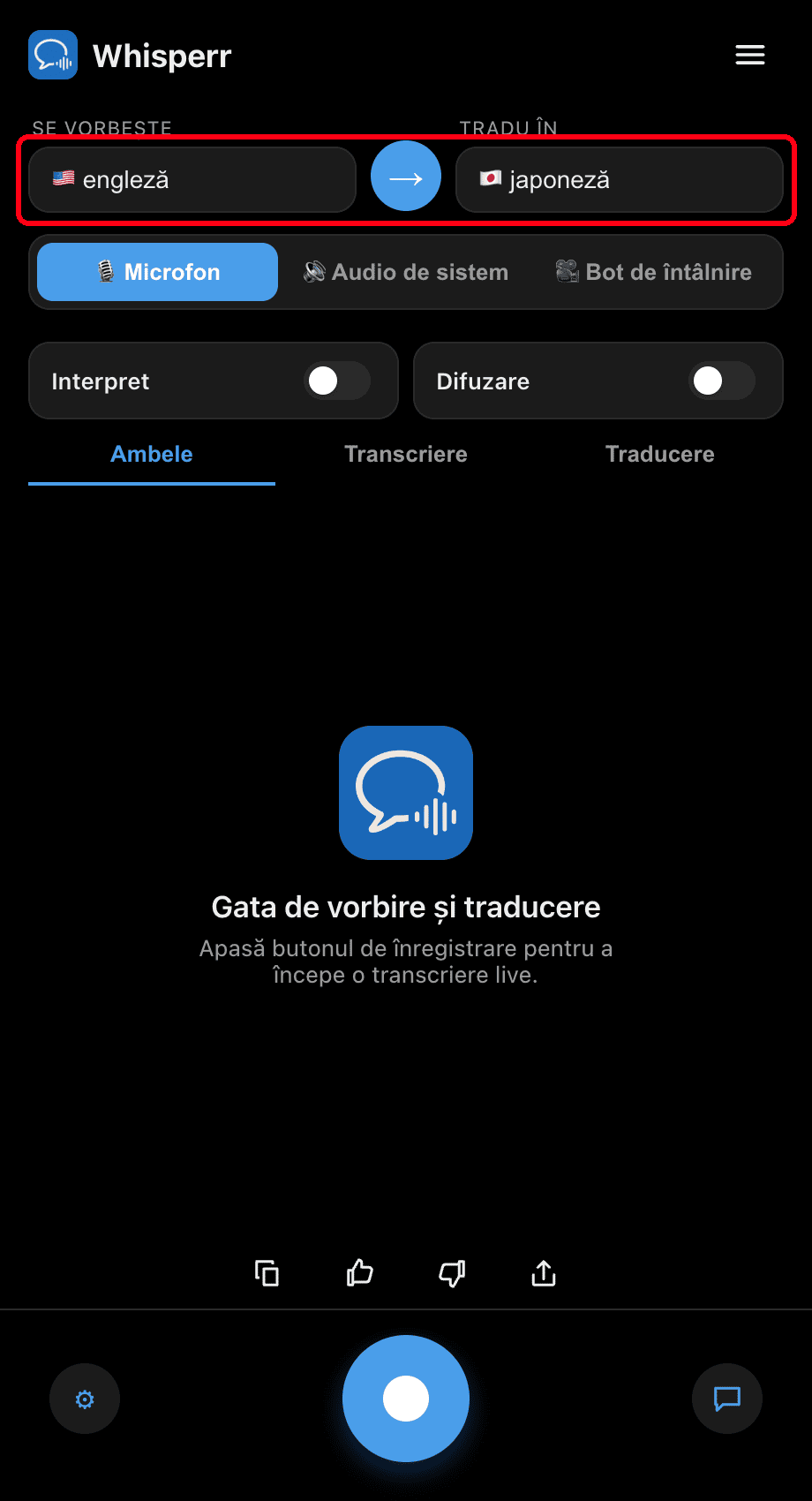 Selecting the Speaking and Translate to languages in the Whisperr desktop app