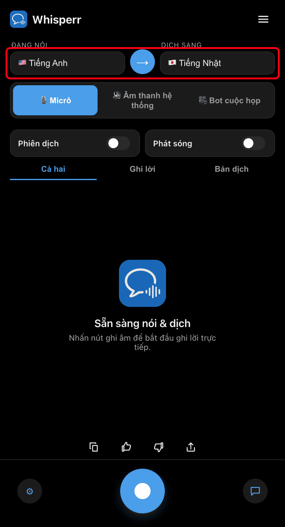 Selecting the Speaking and Translate to languages in the Whisperr desktop app