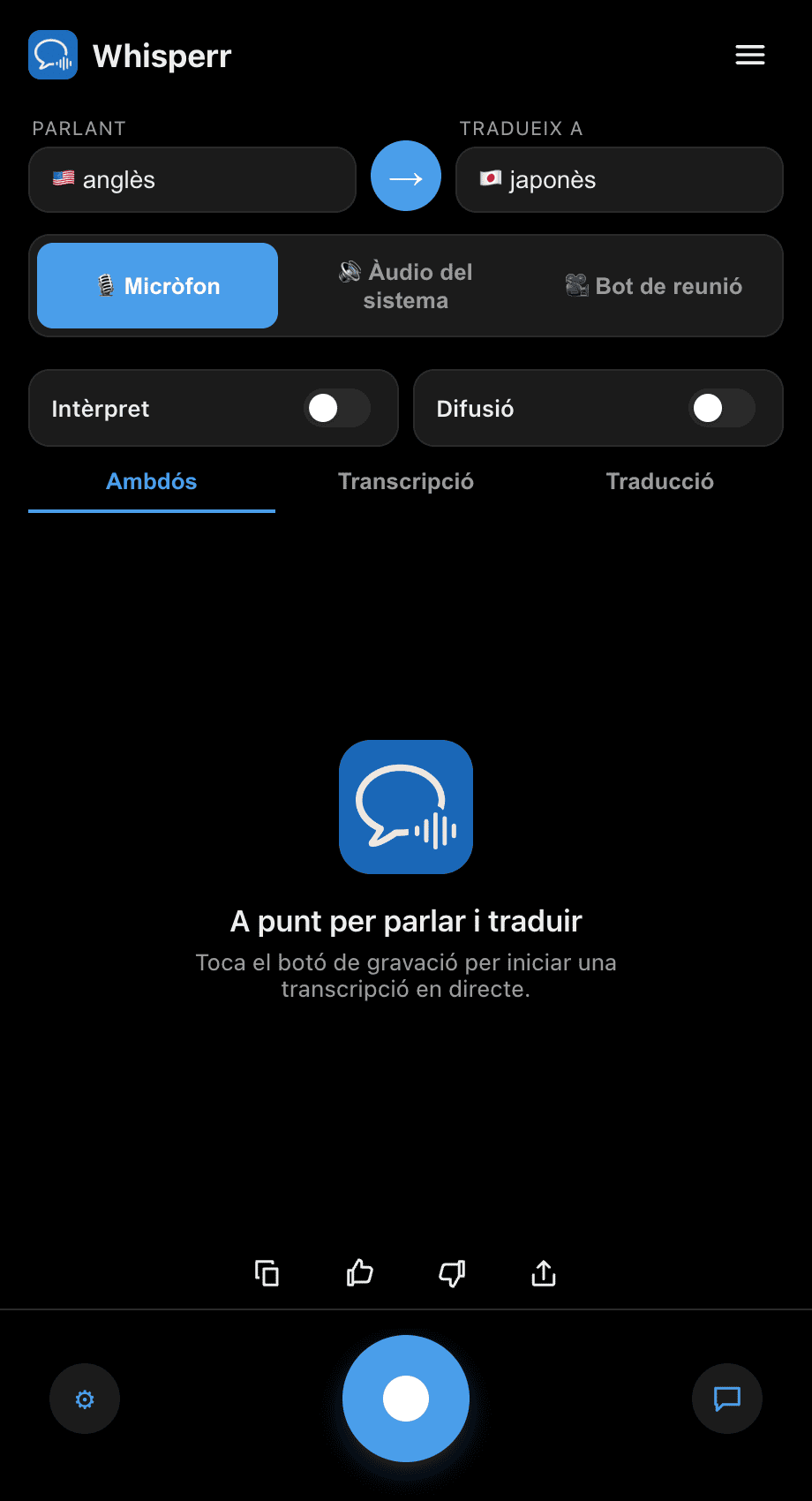 The Whisperr desktop app open on the main screen