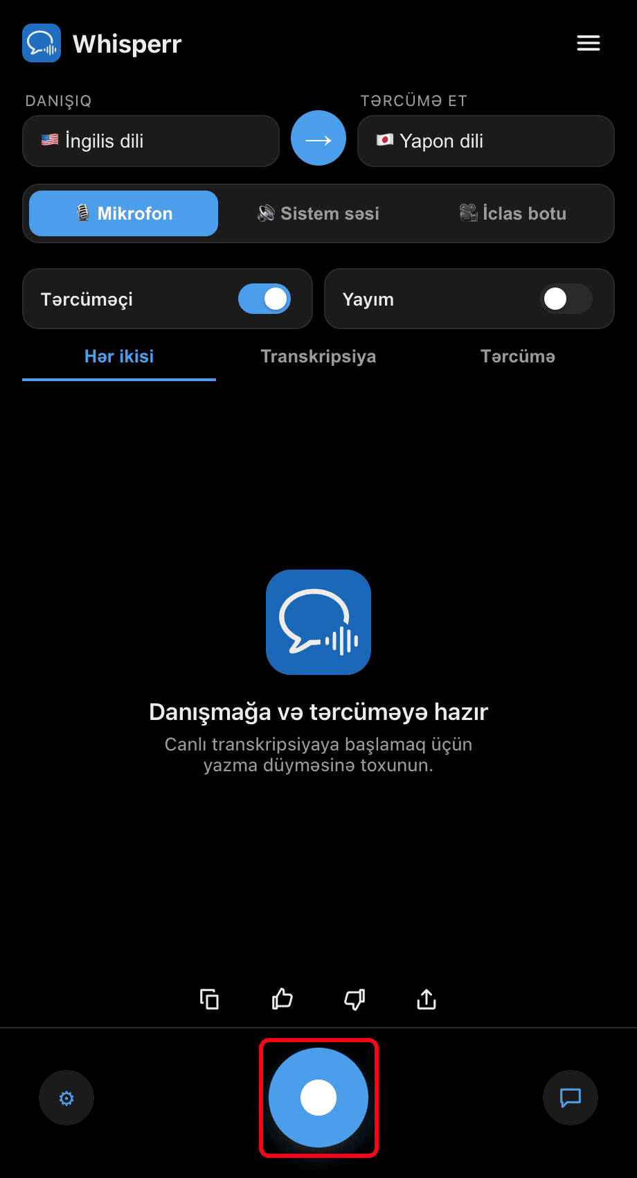 Clicking the record button in the Whisperr desktop app