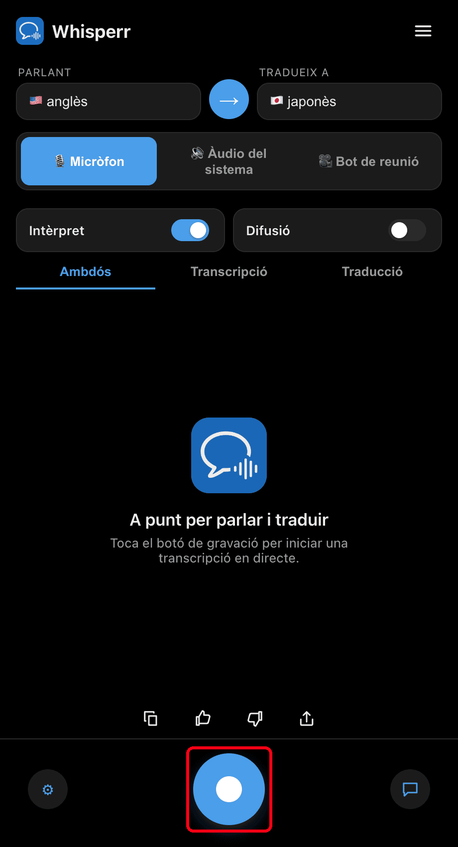 Clicking the record button in the Whisperr desktop app