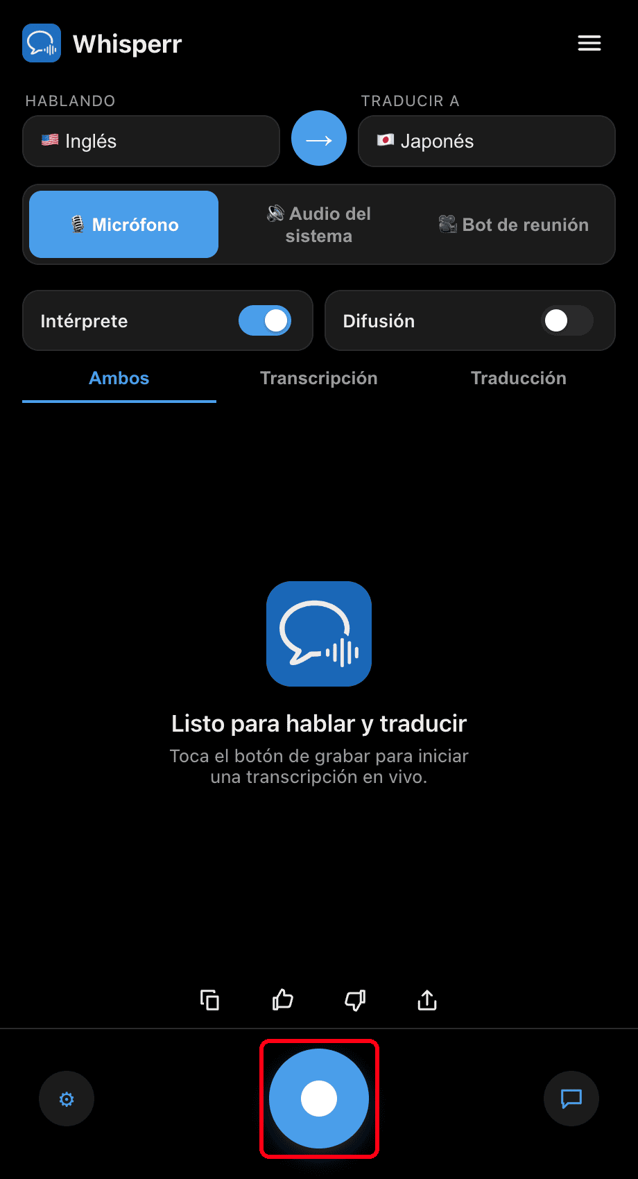 Clicking the record button in the Whisperr desktop app