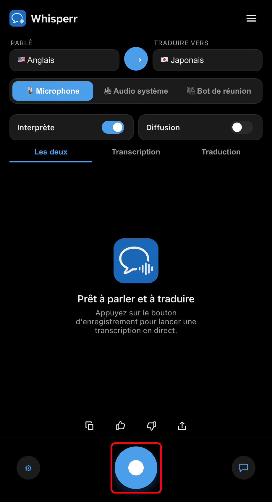 Clicking the record button in the Whisperr desktop app