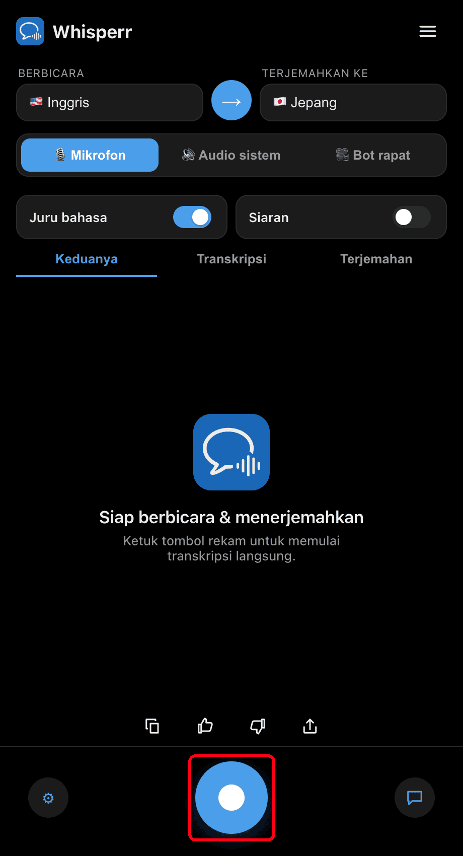 Clicking the record button in the Whisperr desktop app