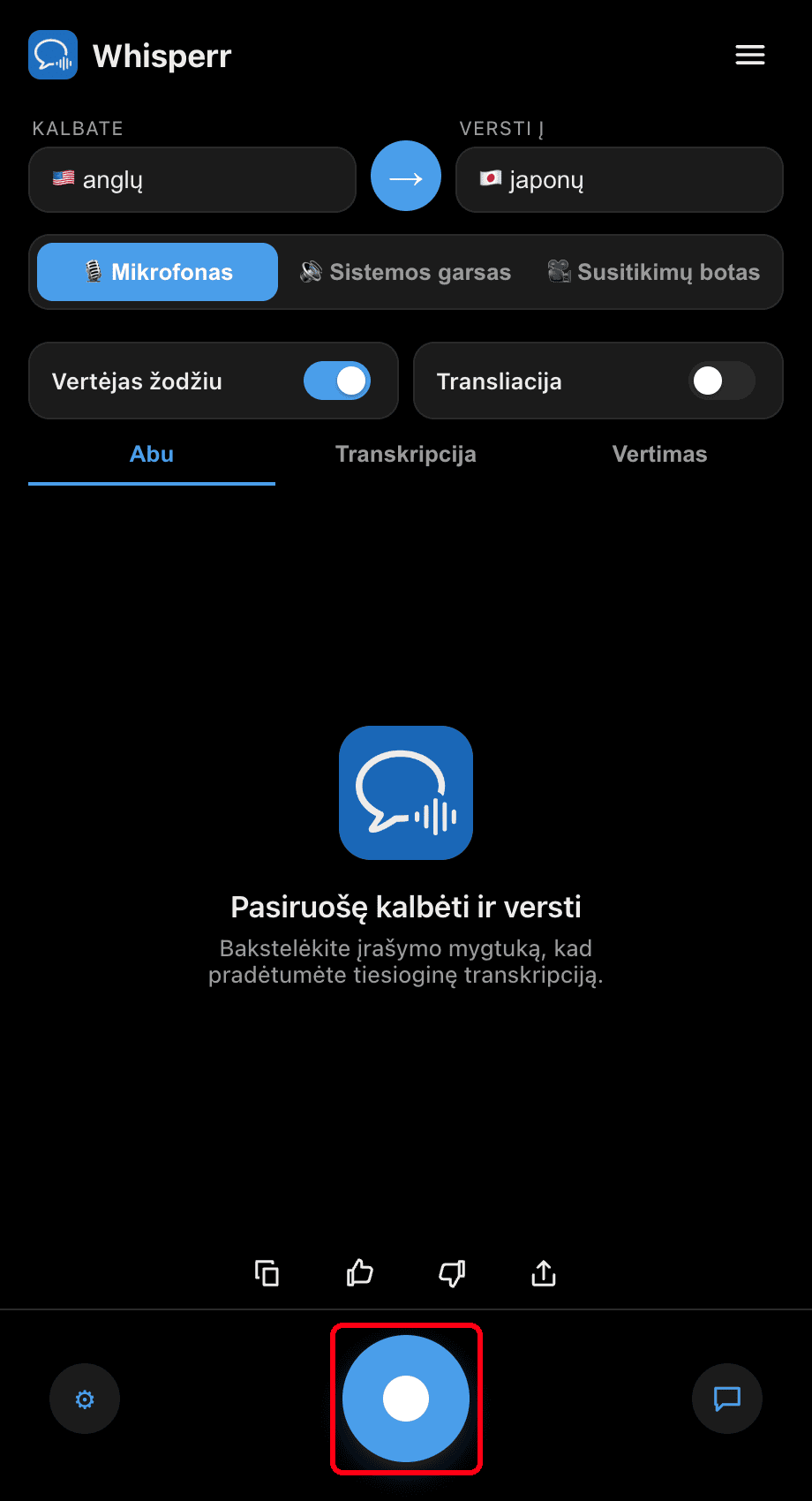 Clicking the record button in the Whisperr desktop app