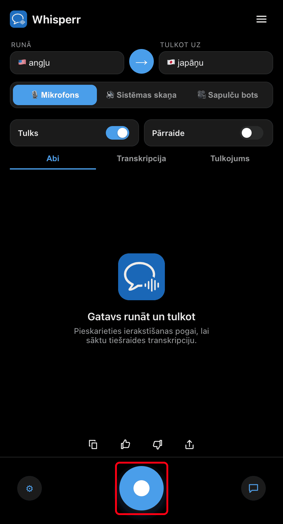 Clicking the record button in the Whisperr desktop app