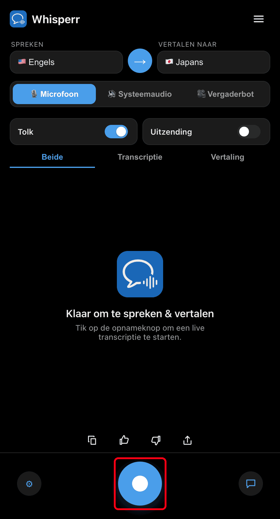 Clicking the record button in the Whisperr desktop app
