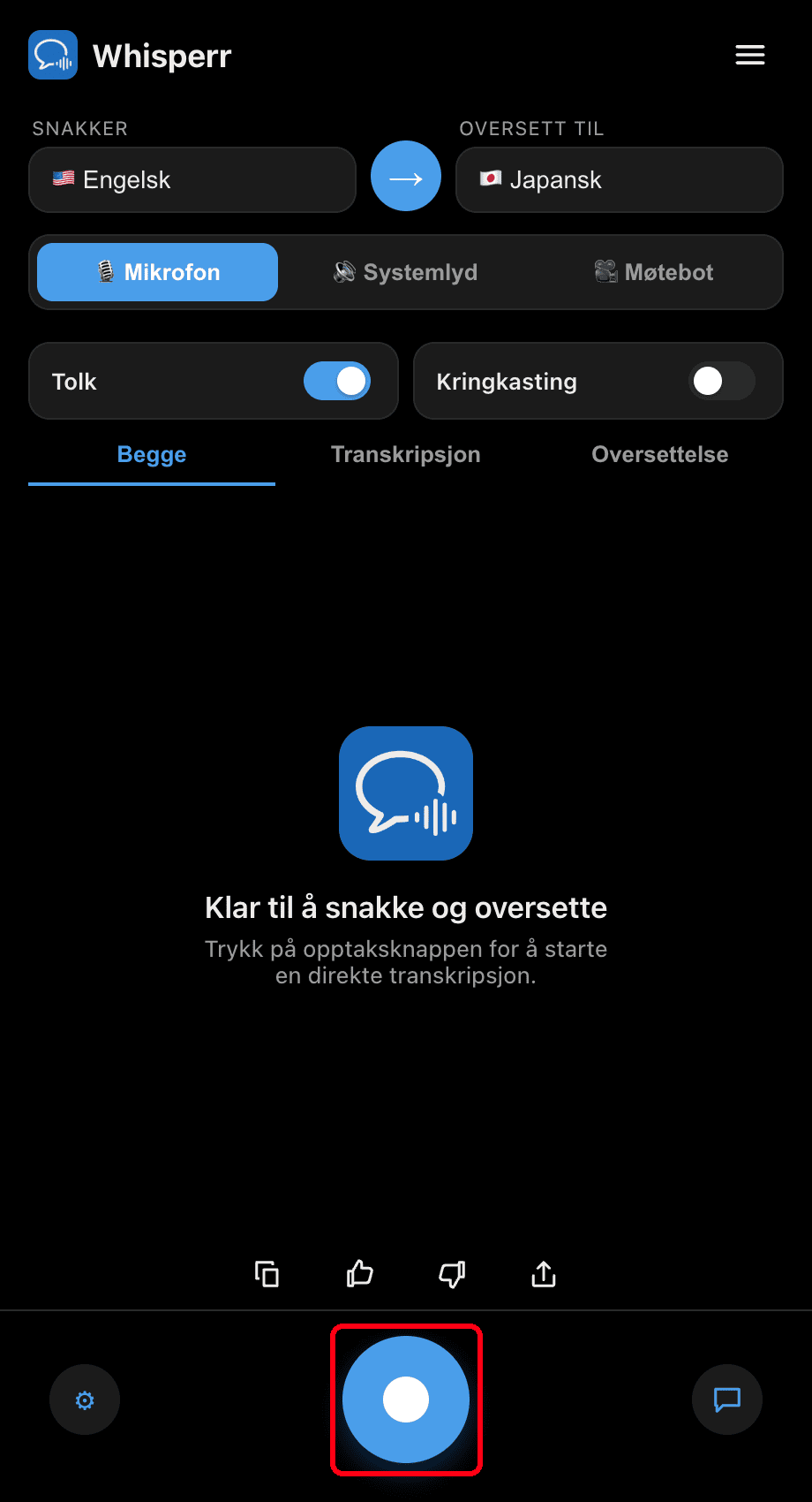 Clicking the record button in the Whisperr desktop app
