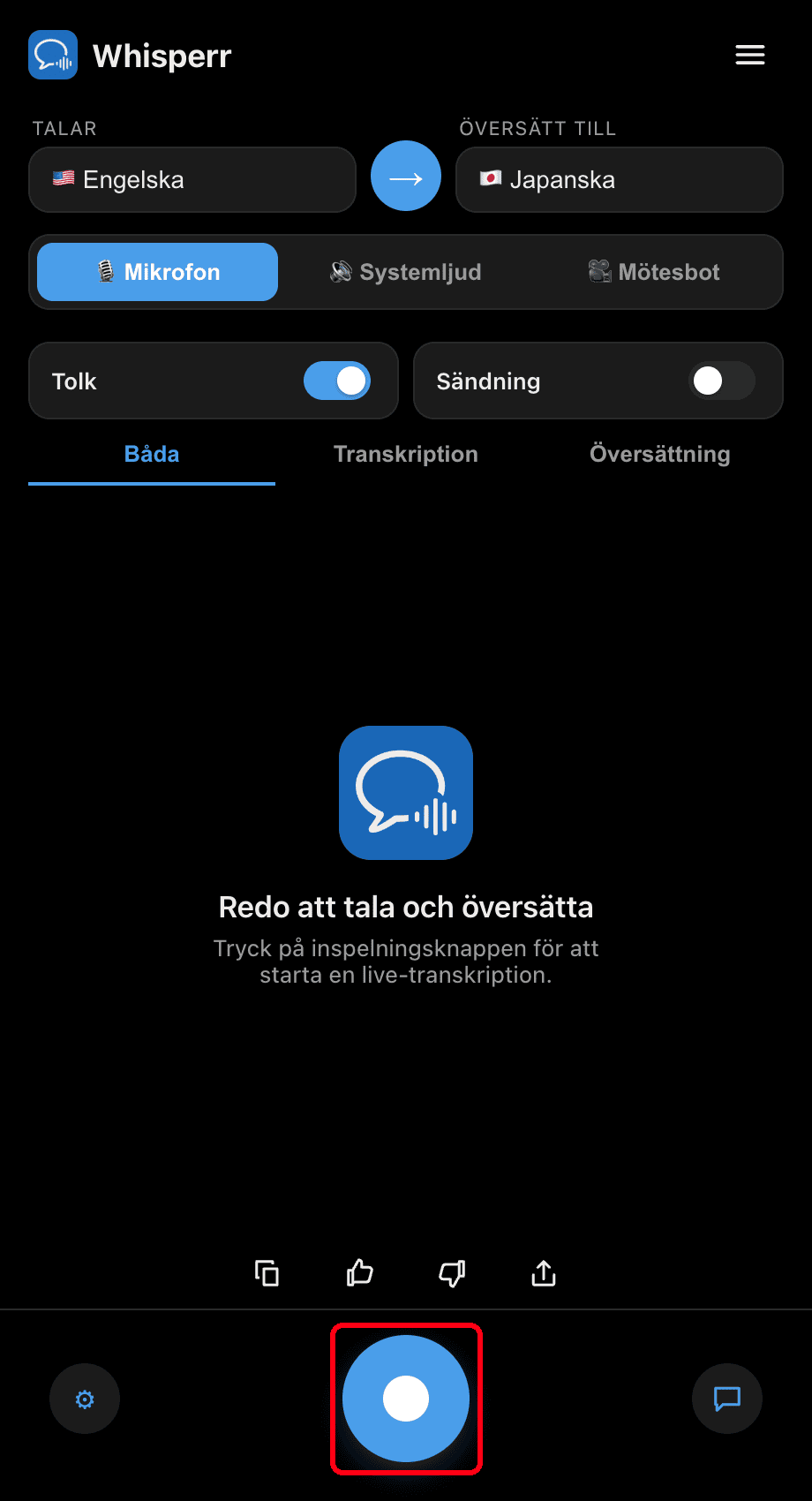 Clicking the record button in the Whisperr desktop app