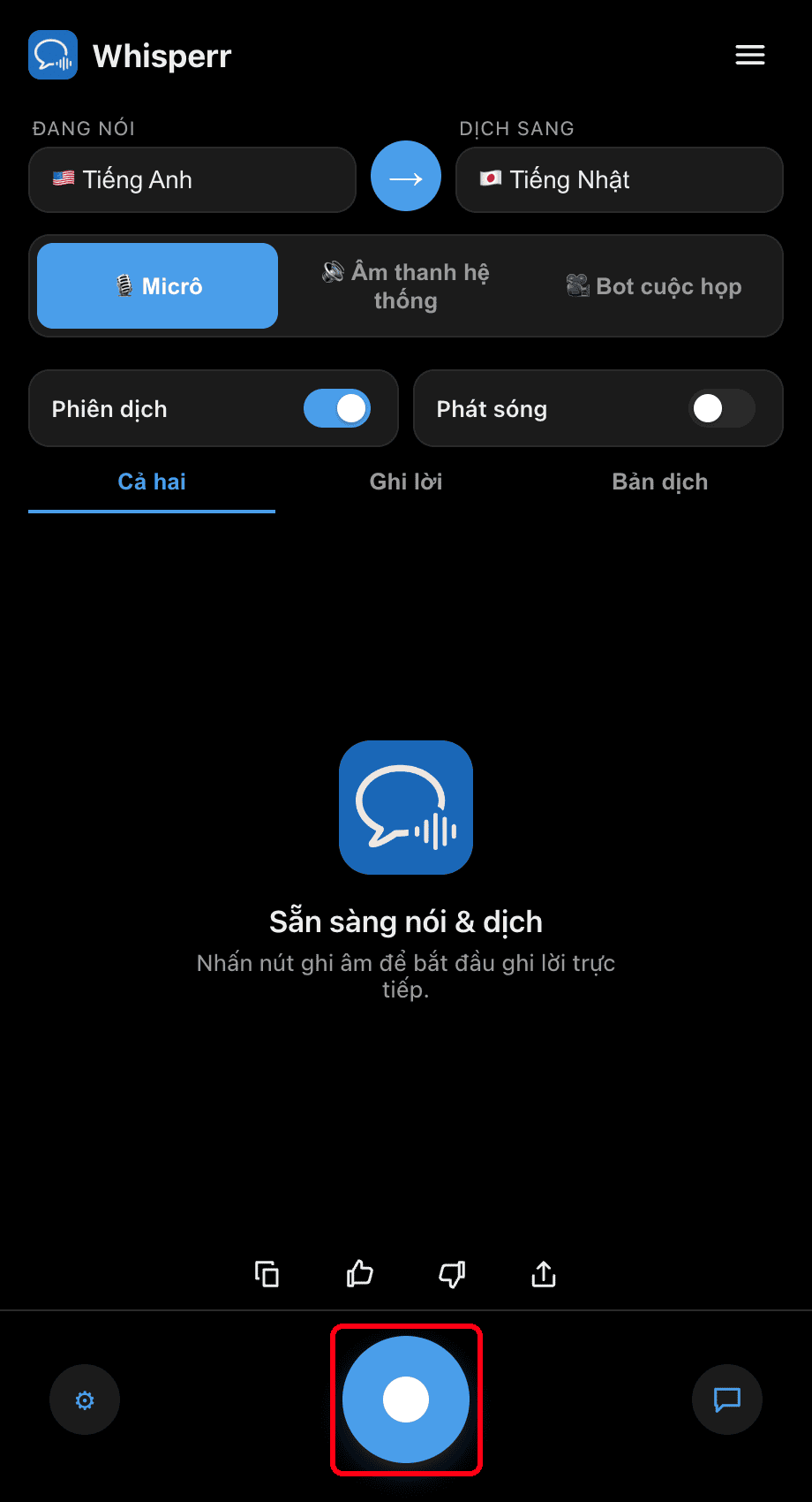 Clicking the record button in the Whisperr desktop app