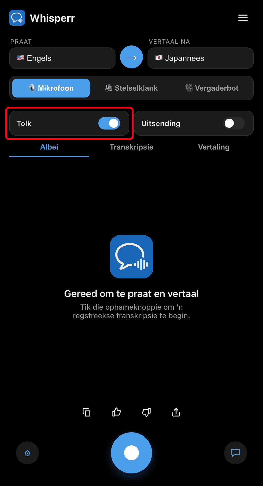 Turning on the Interpreter toggle in the Whisperr desktop app