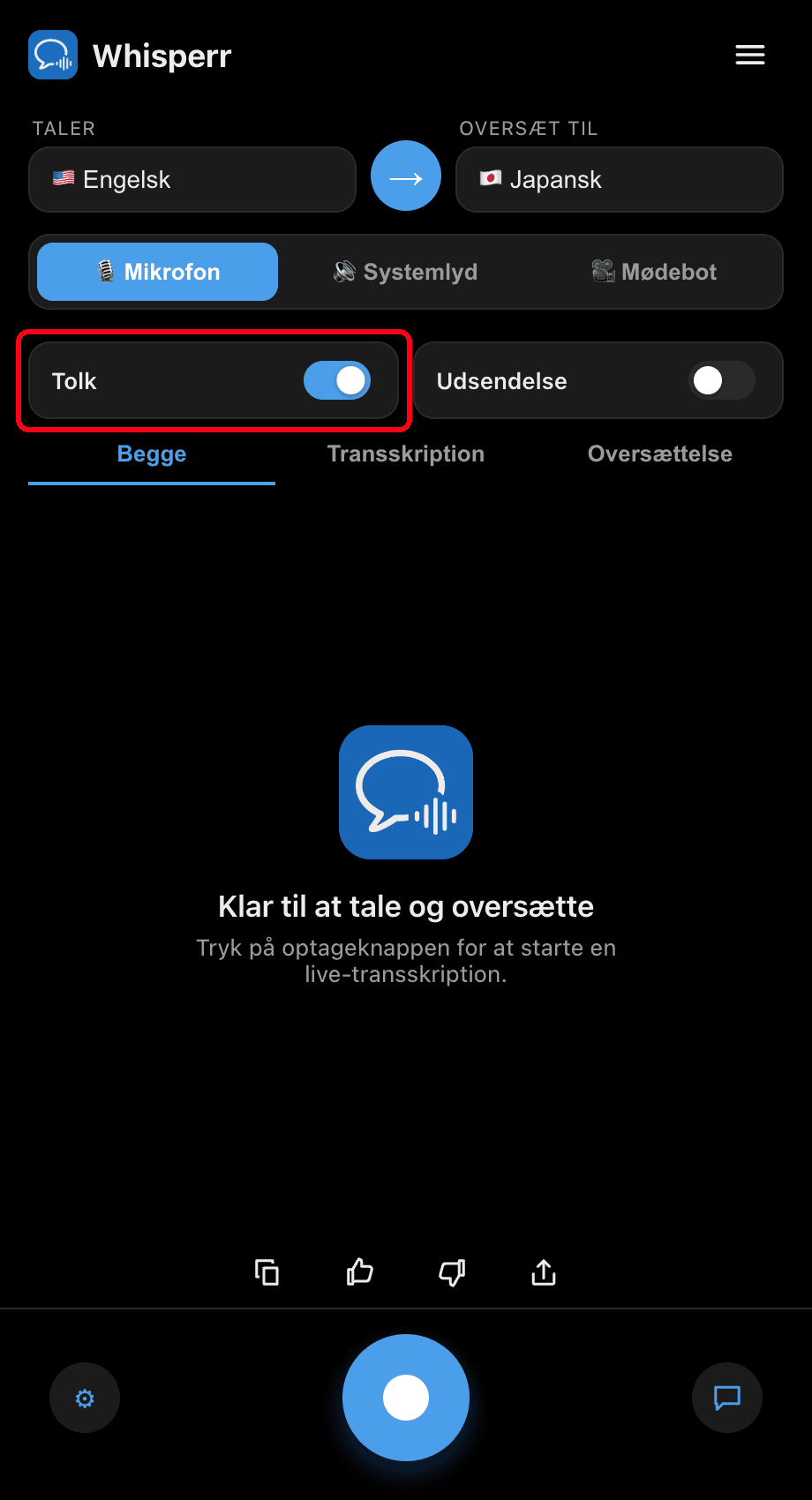 Turning on the Interpreter toggle in the Whisperr desktop app