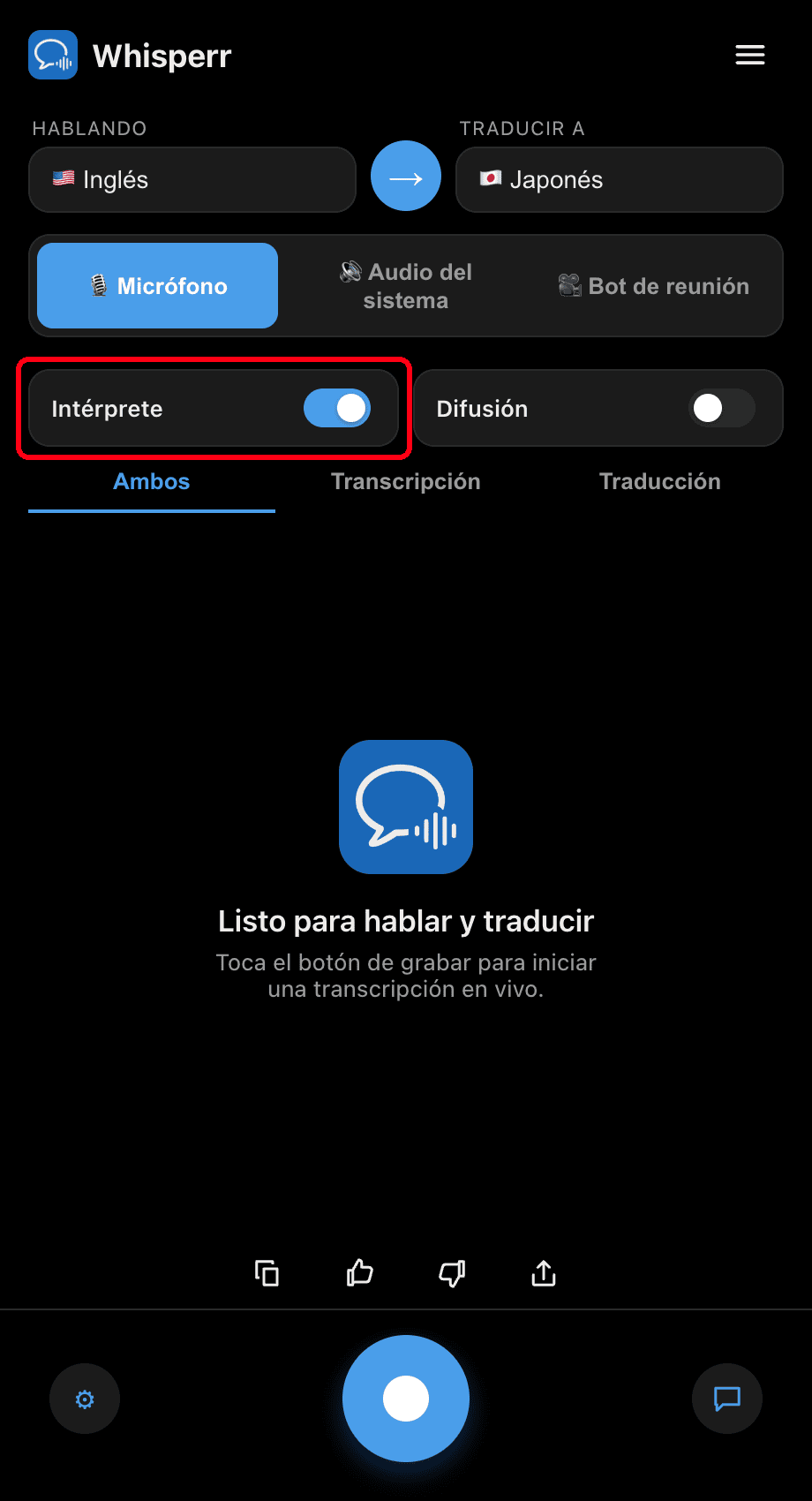 Turning on the Interpreter toggle in the Whisperr desktop app