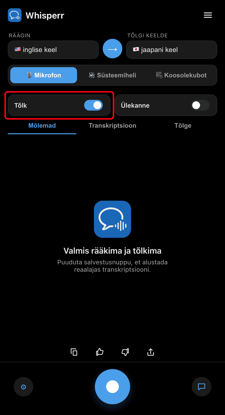 Turning on the Interpreter toggle in the Whisperr desktop app
