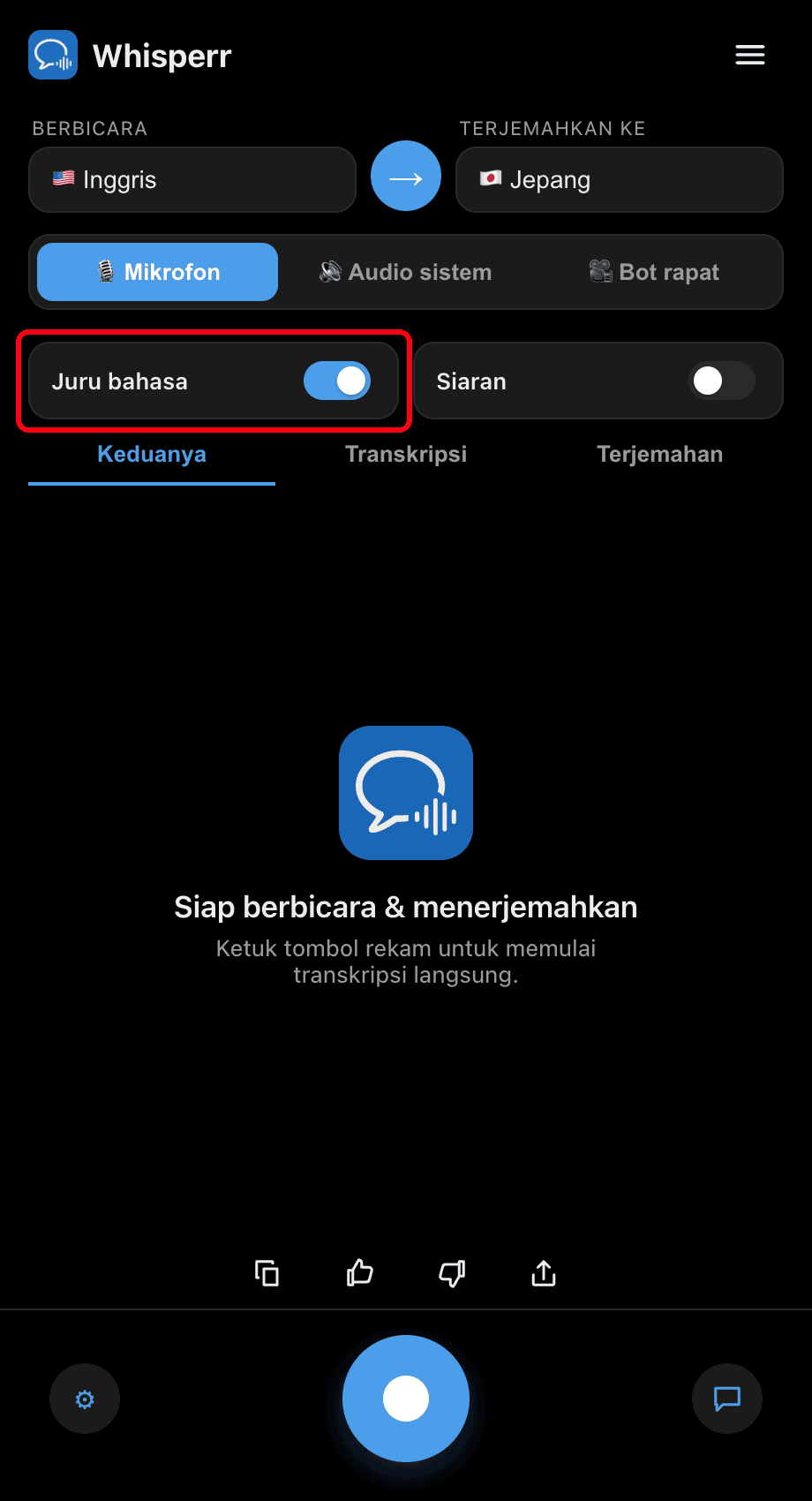 Turning on the Interpreter toggle in the Whisperr desktop app