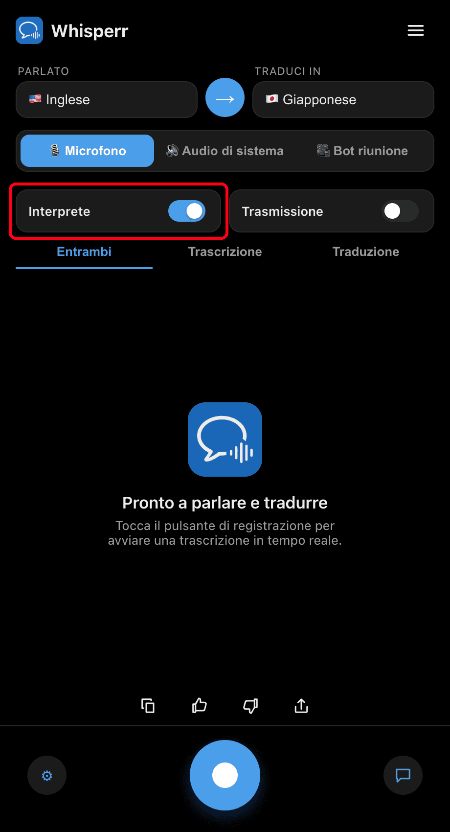 Turning on the Interpreter toggle in the Whisperr desktop app